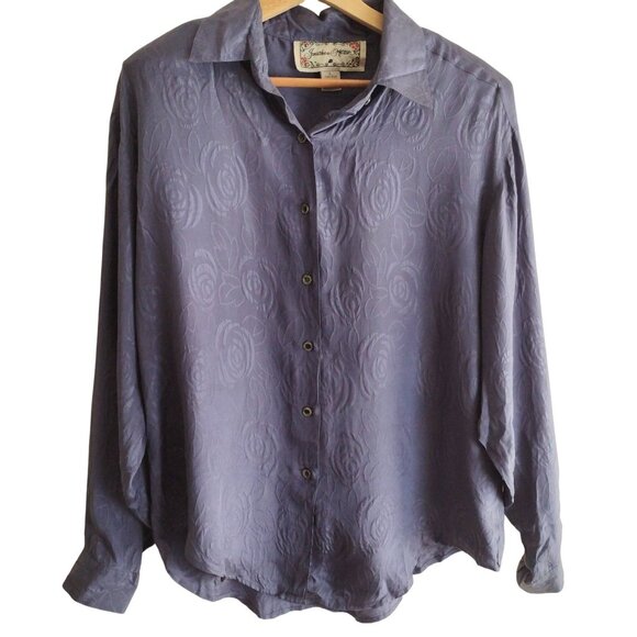 Jonathan Martin Vintage Womens Silk Blouse L Smoky Purple Jacquard Button Up Top - Picture 9 of 9